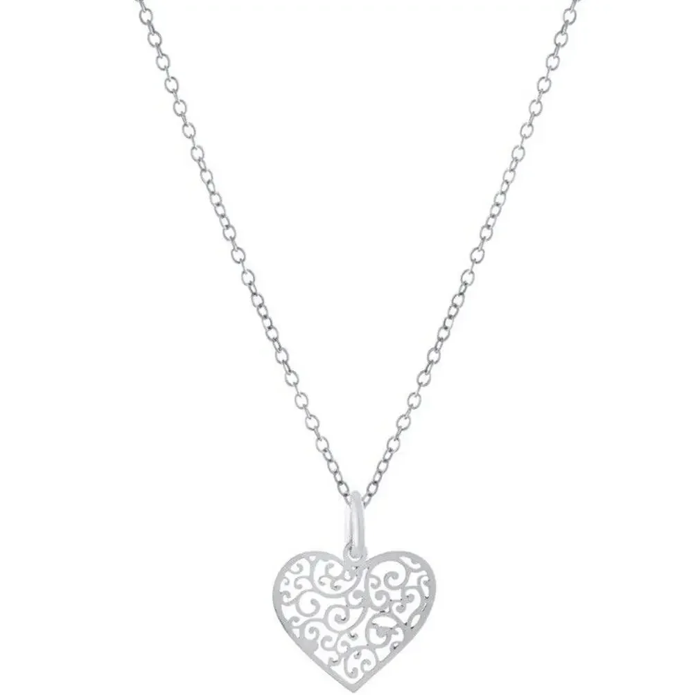 Sterling Silver Heart Filigree Pendant Necklace Open Work Stylish Fashion NEW